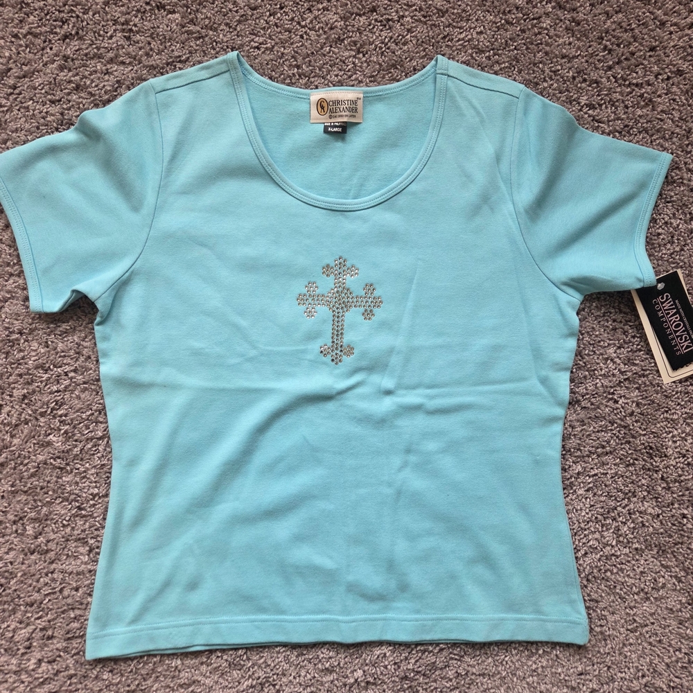 Christine Alexander  cotton scoop shirt size Large teal with Swarovski cross
